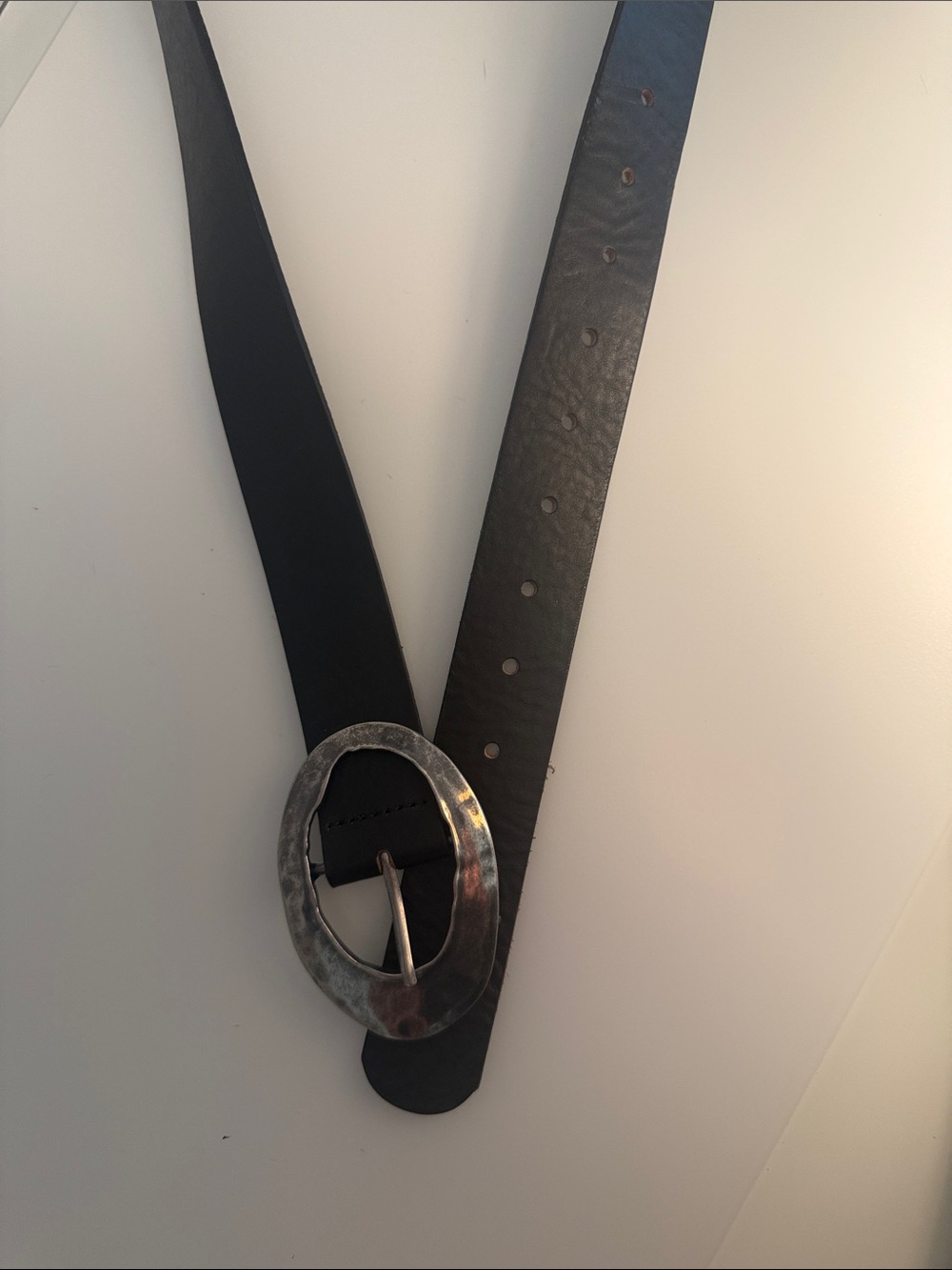 Free People Margot Black Leather Belt with Distressed Silver Oval Buckle L/XL - Picture 3 of 6